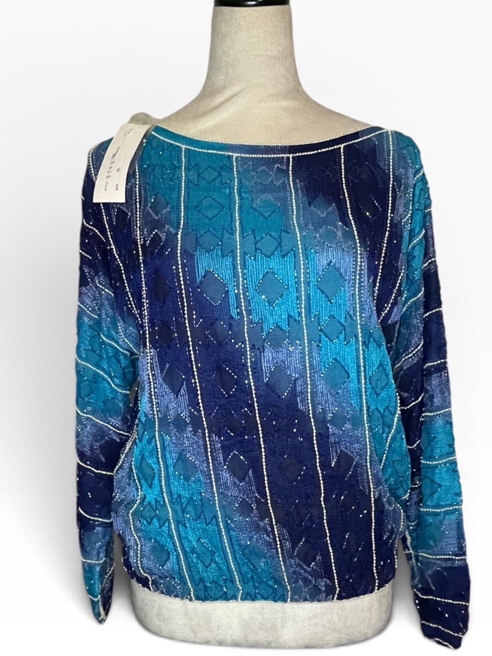 Vintage Star Group Blue Teal Silk Beaded Pearl Blouse Top Medium NWT